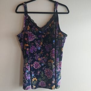 Torrid Black & Purple Floral Velvet Lace Trim Camisole with Adjustable Straps